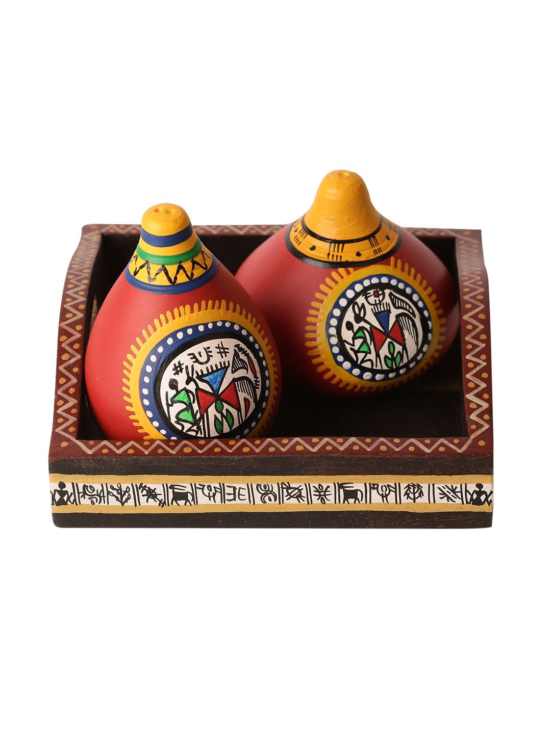 ExclusiveLane Red Terracotta Warli Hand-Painted Salt & Pepper Shaker With Tray (Image - 1)