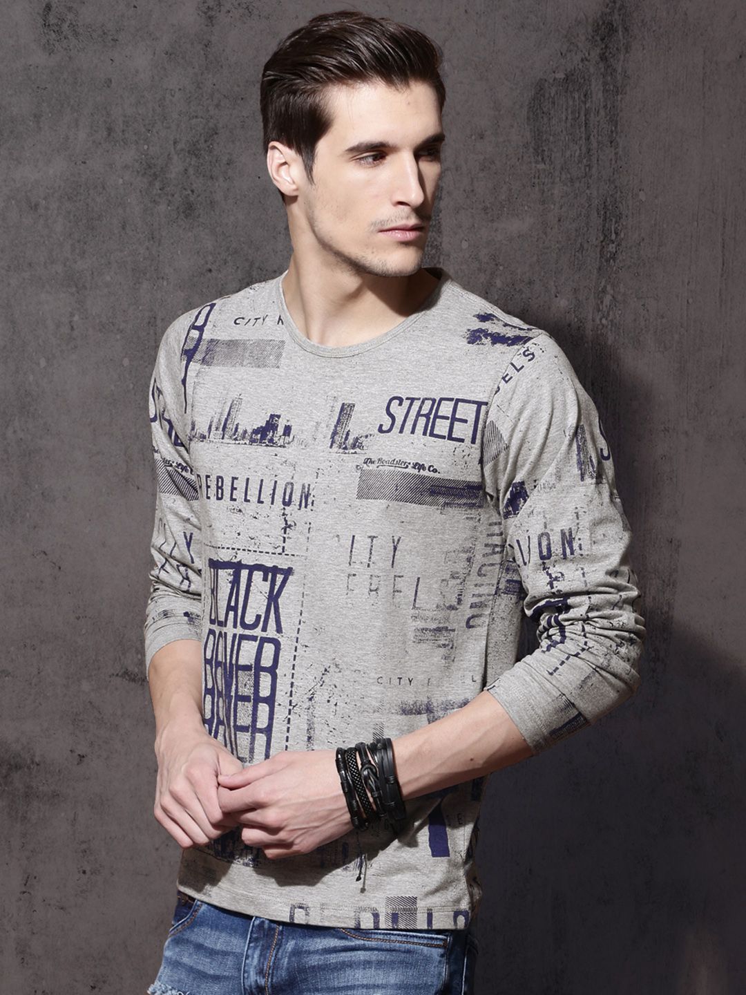 Roadster Men Grey Melange All-Over-Printed T-shirt (Image - 1)