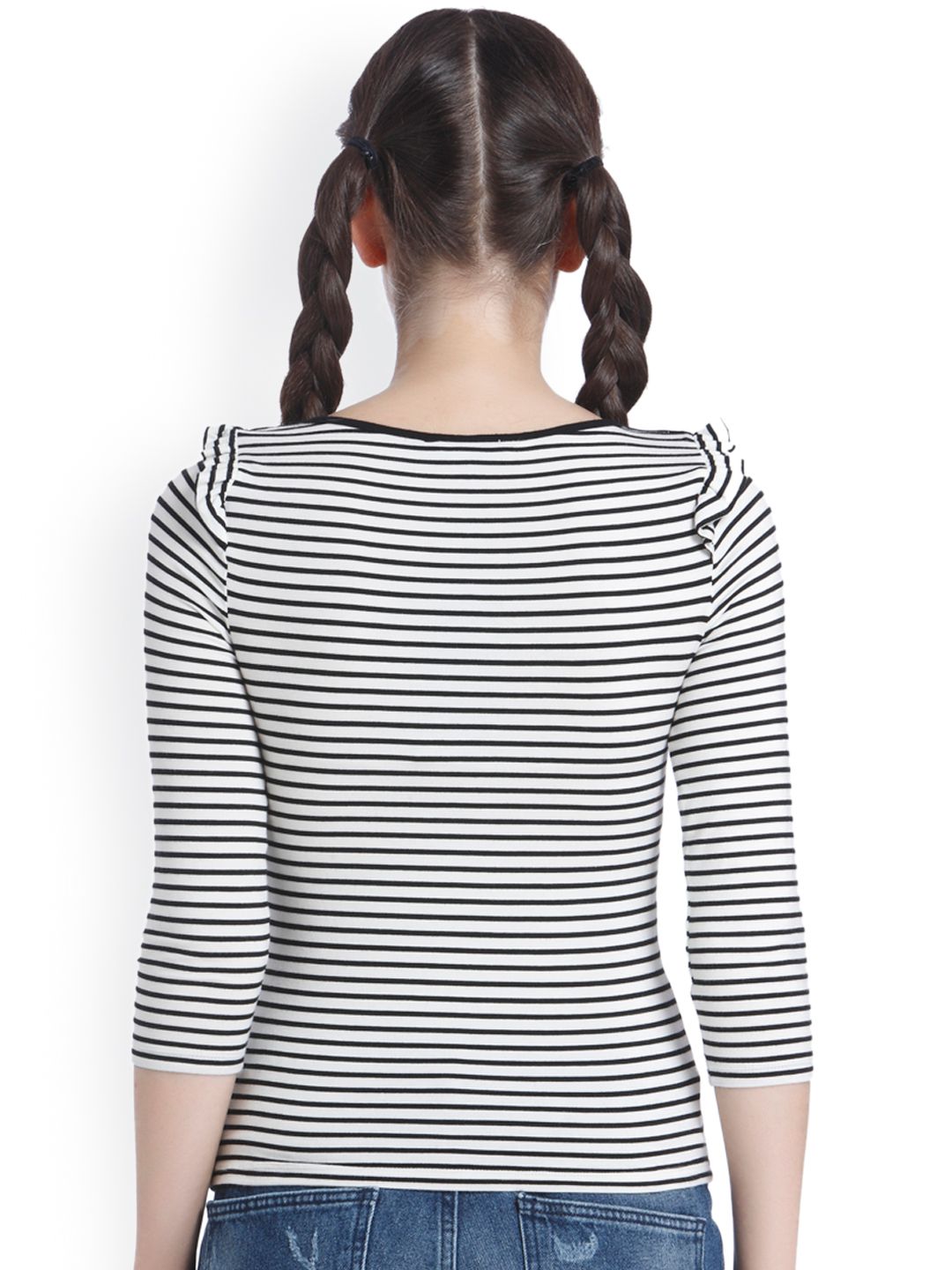 ONLY Women White & Black Striped Round Neck T-shirt (Image - 2)