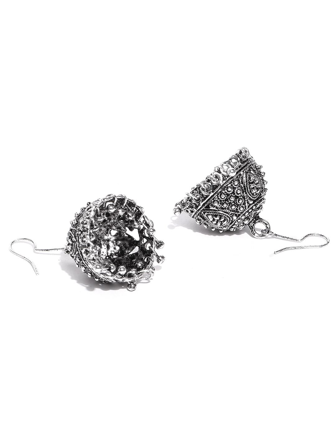 Zaveri Pearls Oxidised Silver-Plated Dome Shaped Jhumkas (Image - 1)