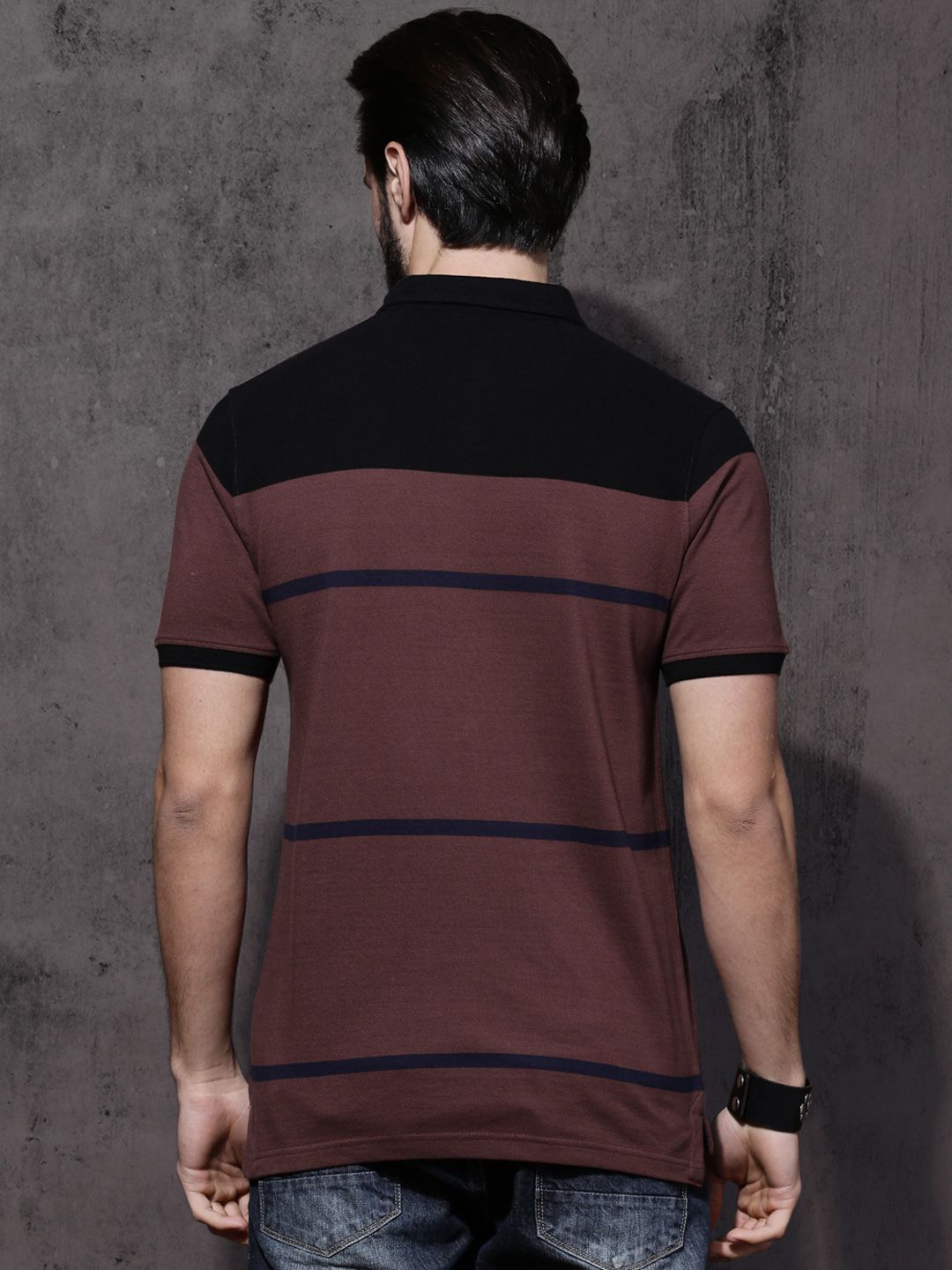 Roadster Men Brown & Black Striped Polo Collar T-shirt (Image - 3)