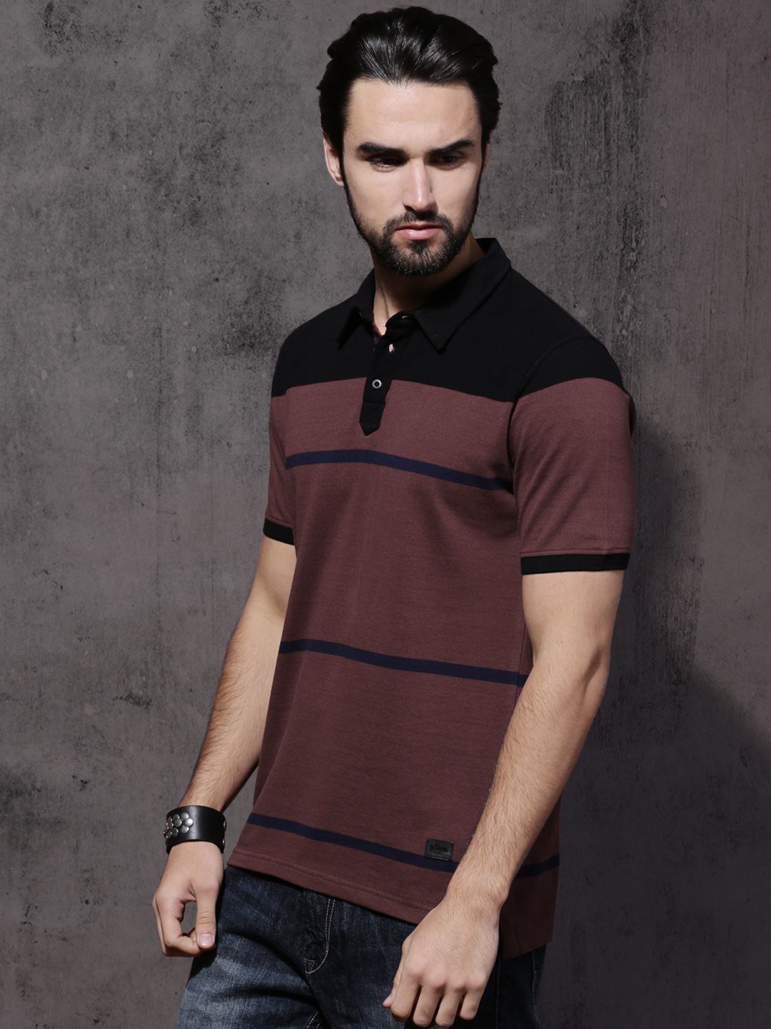 Roadster Men Brown & Black Striped Polo Collar T-shirt (Image - 2)