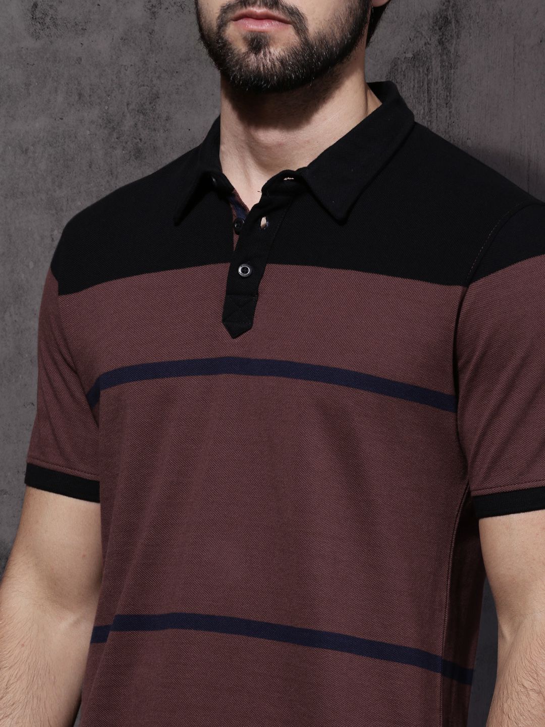 Roadster Men Brown & Black Striped Polo Collar T-shirt (Image - 1)