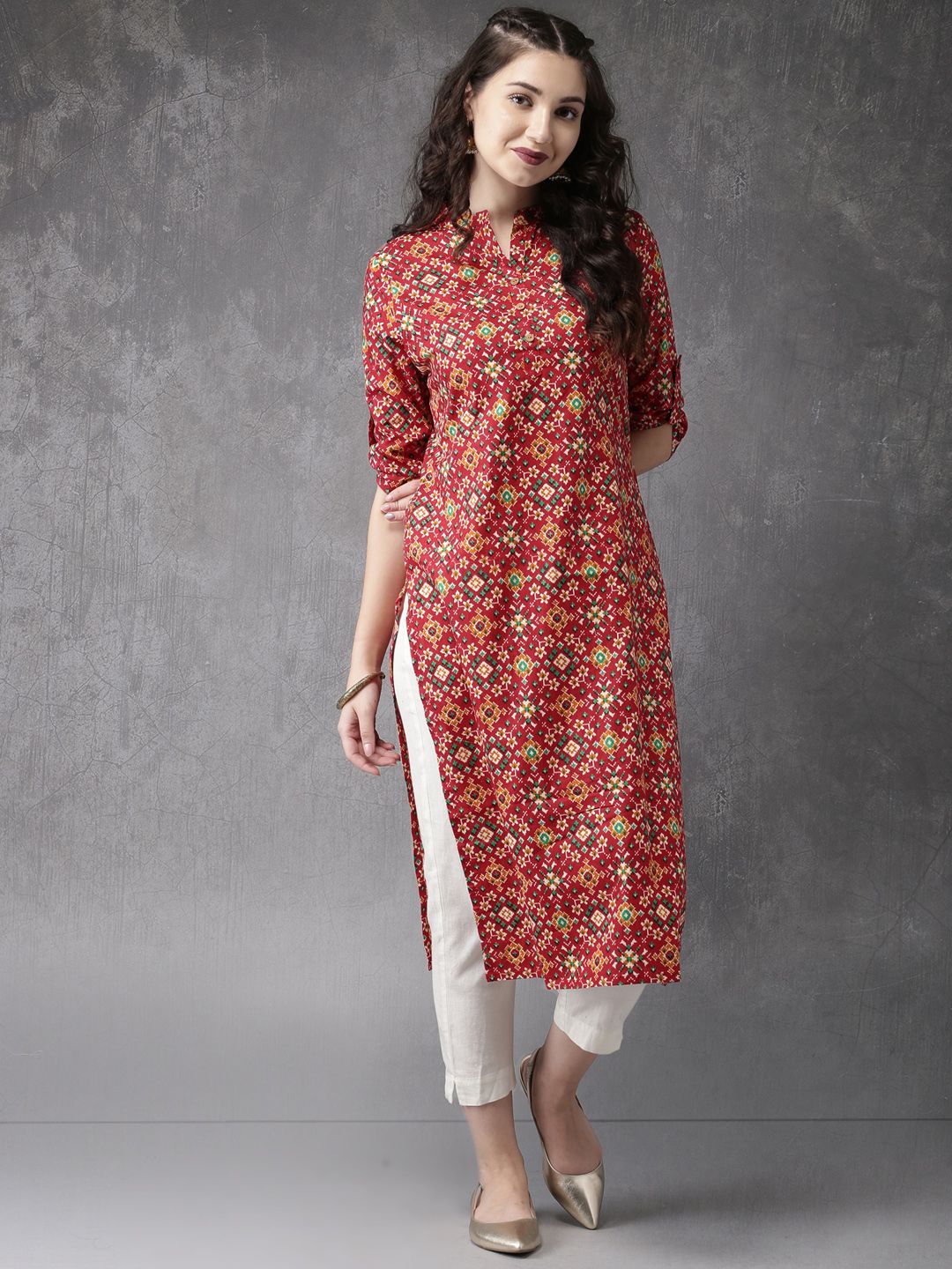 Anouk Women Red & Green Printed A-Line Kurta (Image - 2)
