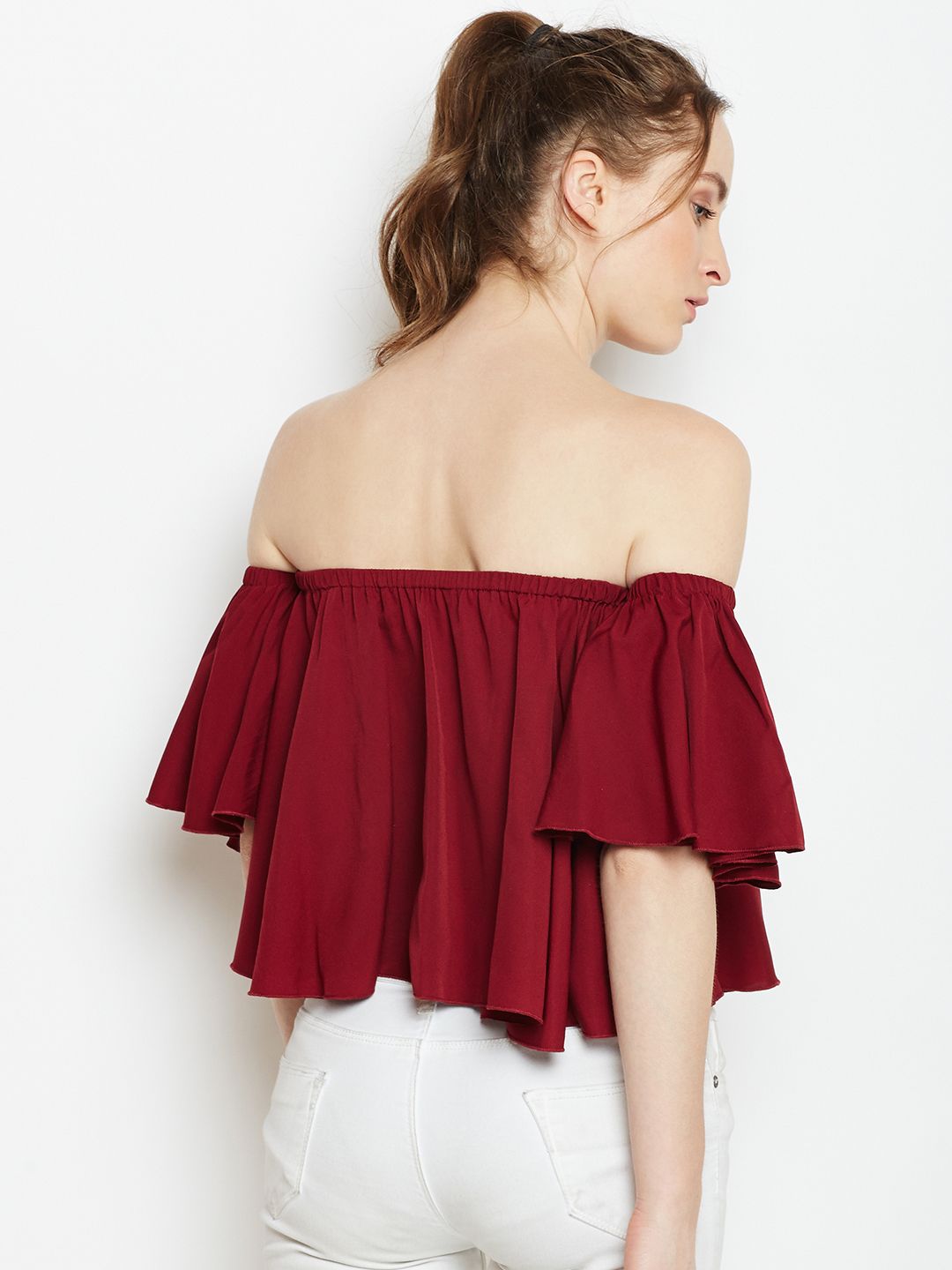 Berrylush Women Maroon Solid Bardot Top (Image - 3)