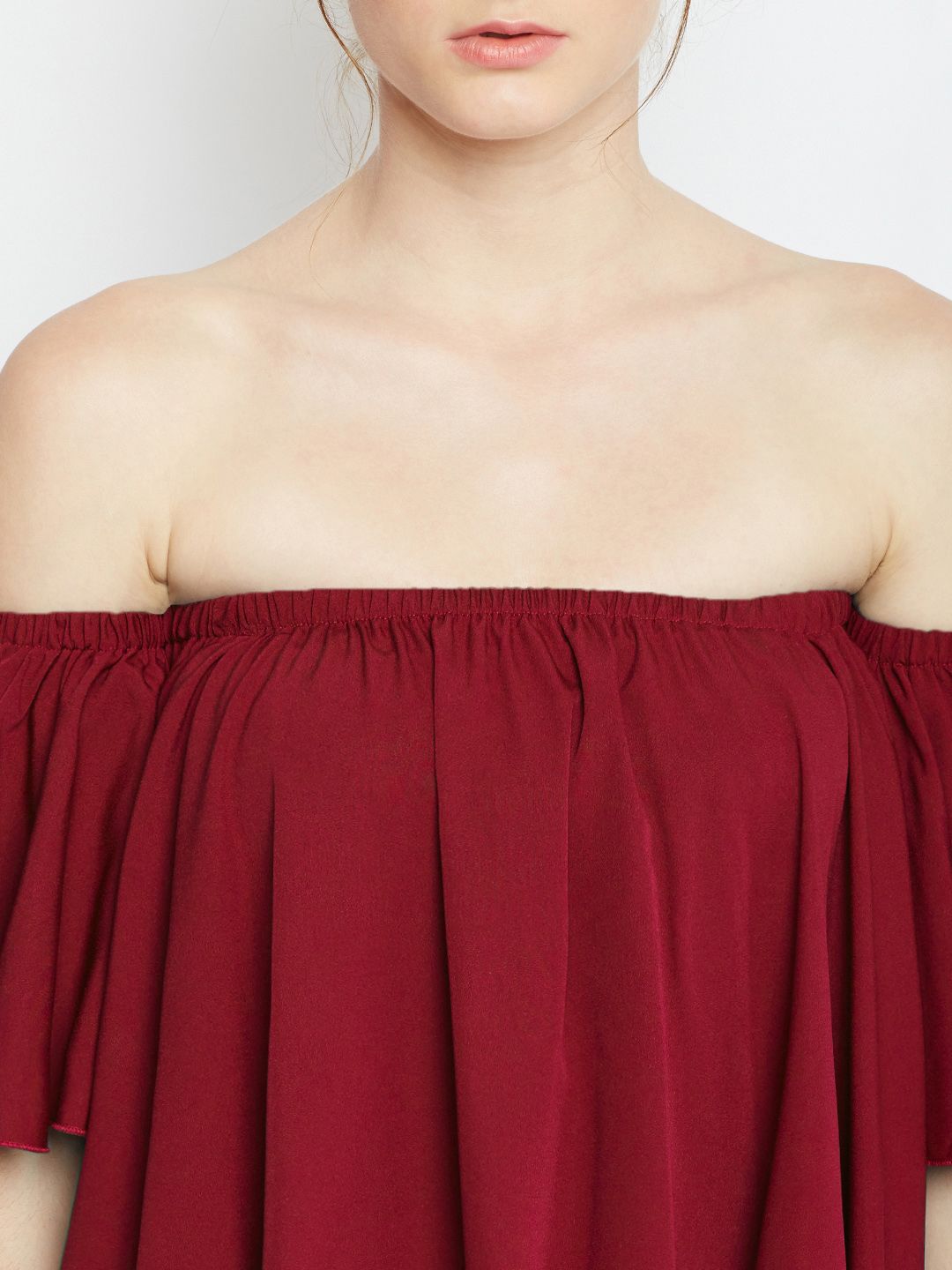 Berrylush Women Maroon Solid Bardot Top (Image - 1)