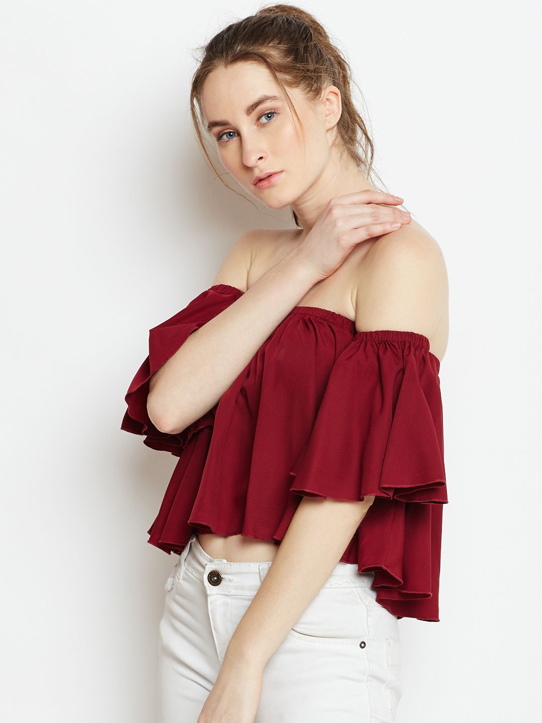 Berrylush Women Maroon Solid Bardot Top (Image - 2)