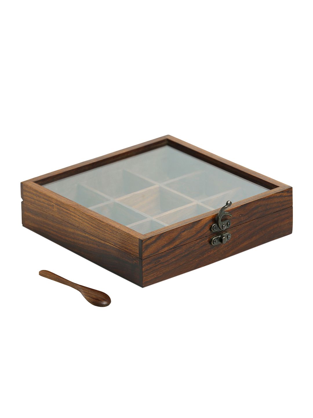 ExclusiveLane Brown Handcrafted Sheesham Wood Spice Box With Spoon (Image - 2)
