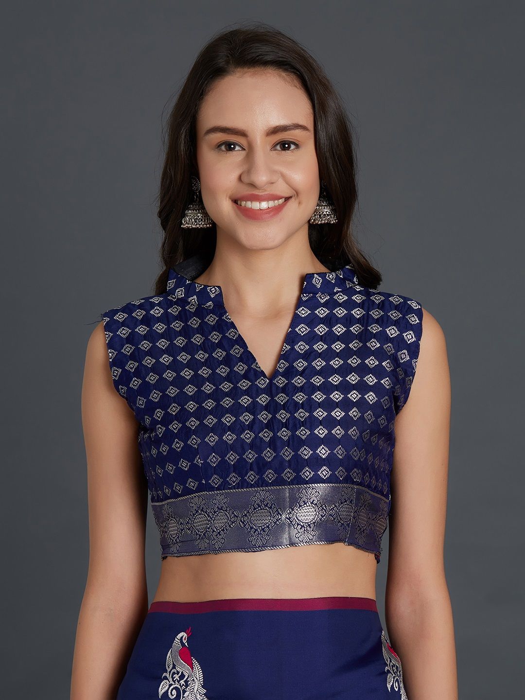 Mitera Navy Blue Silk Blend Solid Banarasi Saree (Image - 1)