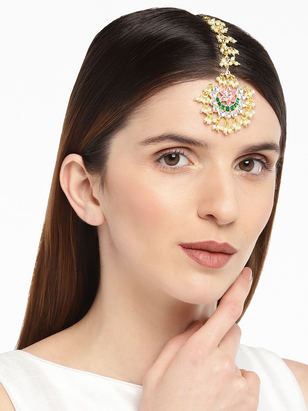 AccessHer Gold-Plated & Green Meenakari Kundan Maang Tika (Image - 3)
