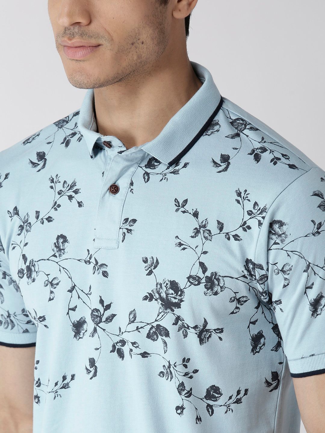 Mast & Harbour Men Blue Printed Polo Collar T-shirt (Image - 1)