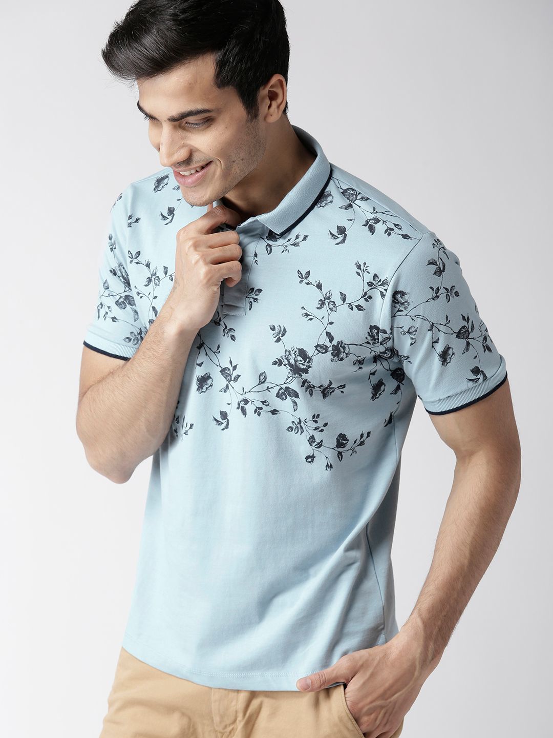 Mast & Harbour Men Blue Printed Polo Collar T-shirt (Image - 2)
