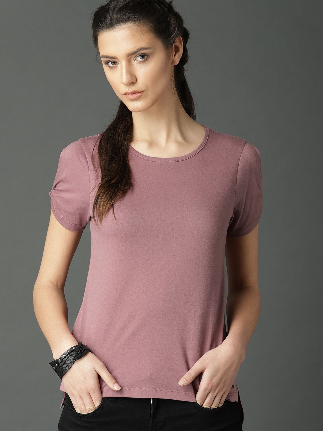 Roadster Women Pink Solid High-Low Top (Image - 2)