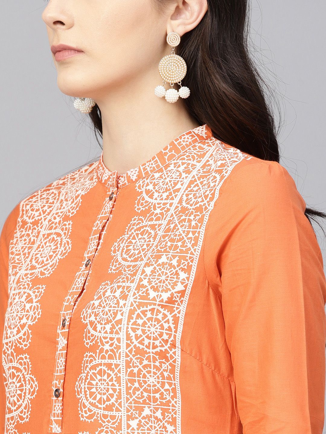 W Women Orange & White Printed Straight Kurta (Image - 1)