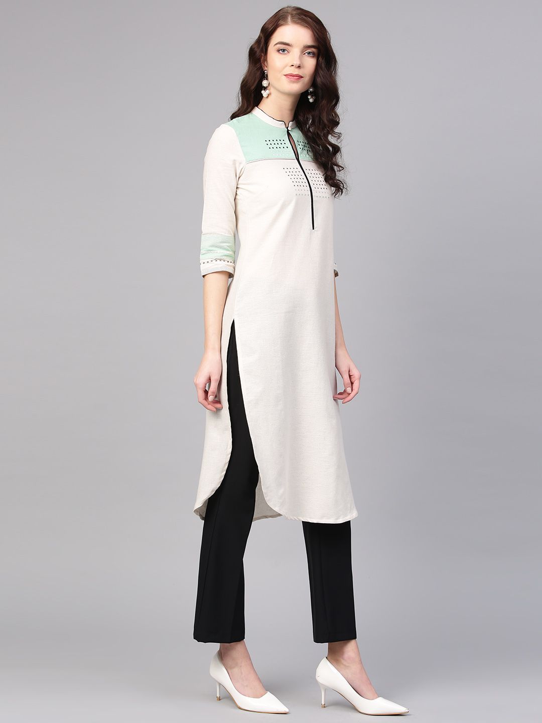 W Women Off-White Yoke Design Straight Kurta (Image - 3)