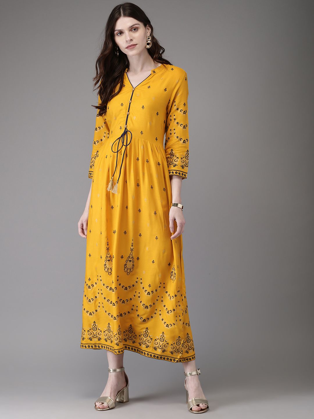 Anouk Women Yellow & Navy Blue Printed Anarkali Kurta (Image - 2)
