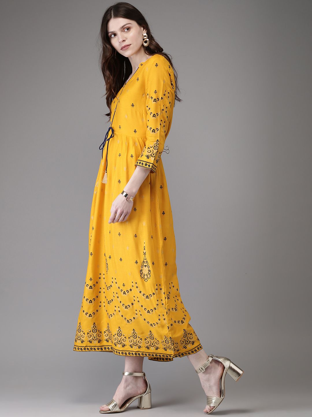 Anouk Women Yellow & Navy Blue Printed Anarkali Kurta (Image - 3)