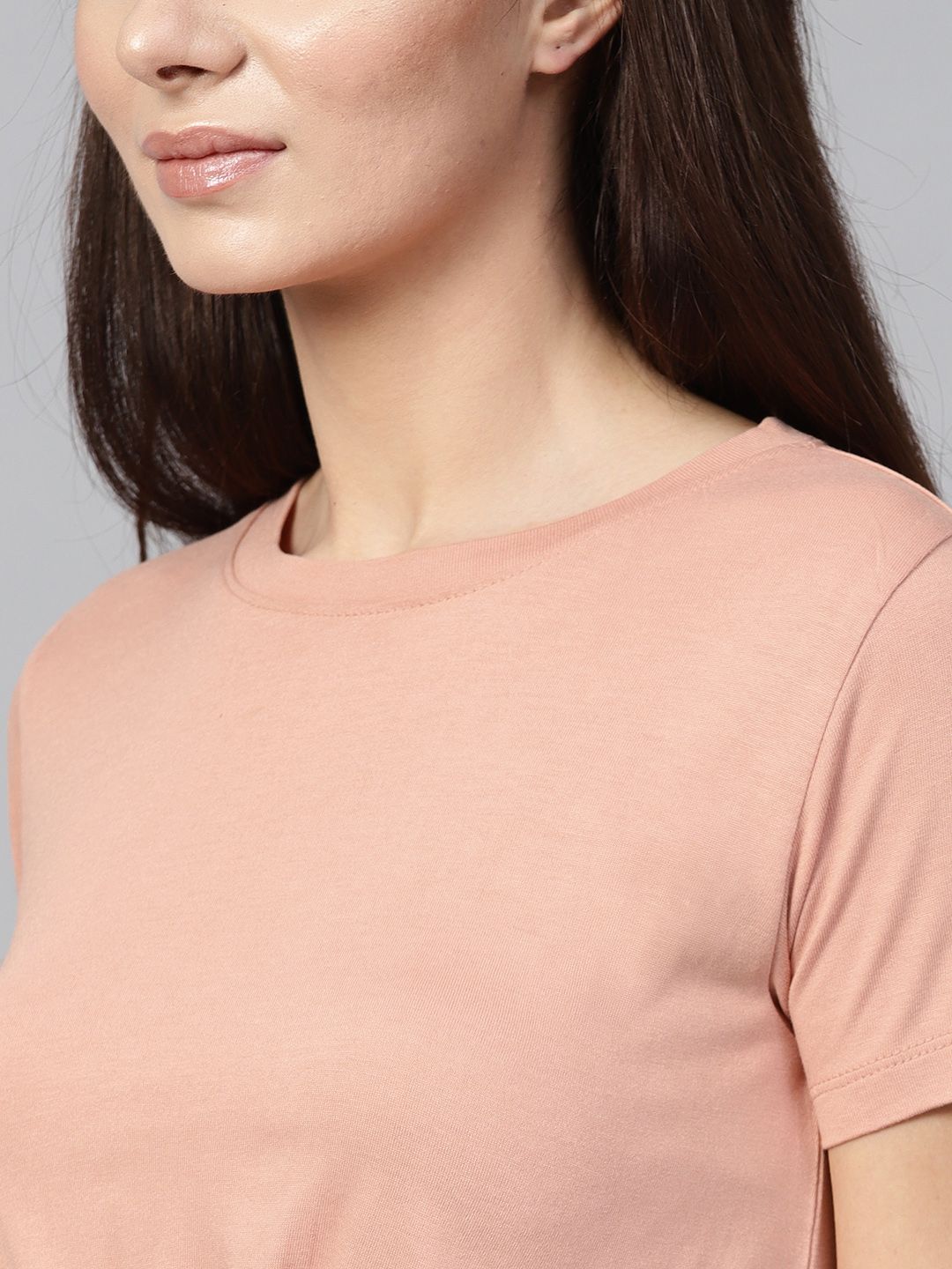 SASSAFRAS Women Peach-Coloured Solid Round Neck T-shirt (Image - 1)