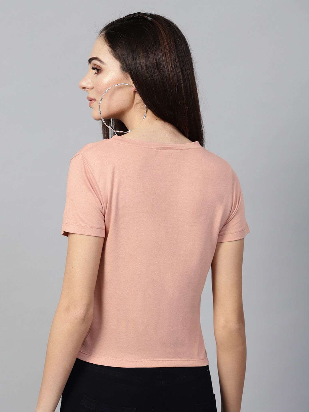 SASSAFRAS Women Peach-Coloured Solid Round Neck T-shirt (Image - 3)