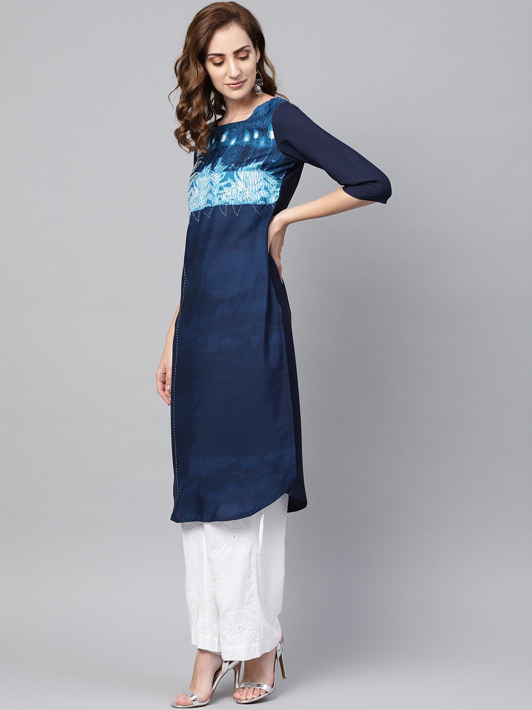 W Women Blue Yoke Design Straight Kurta (Image - 2)