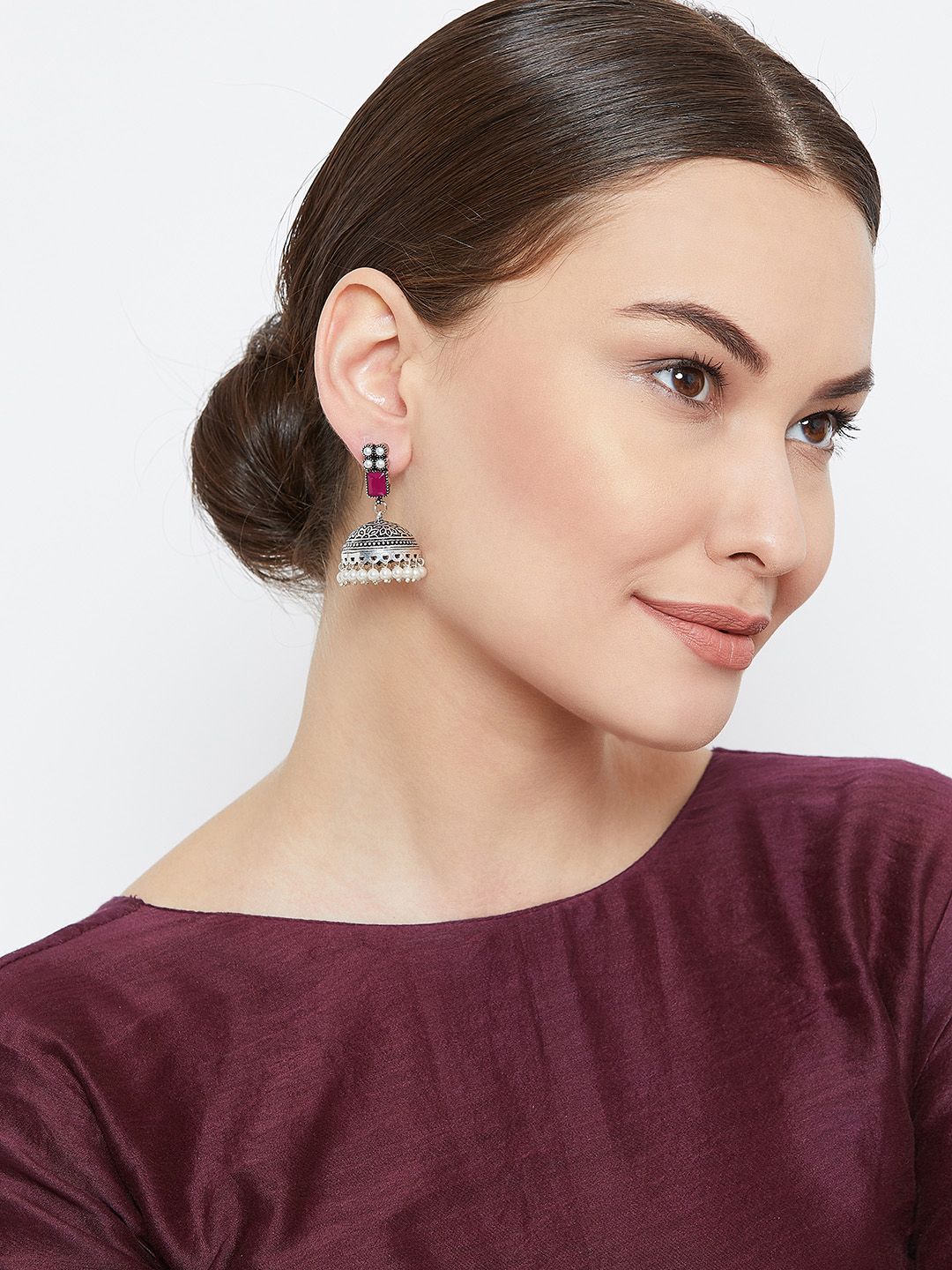 PANASH Silver-Plated & Pink Oxidised Jhumkas (Image - 3)