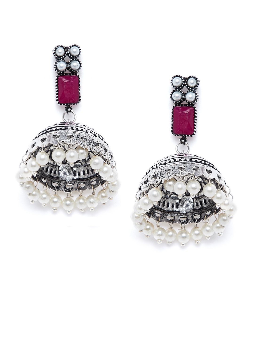 PANASH Silver-Plated & Pink Oxidised Jhumkas (Image - 1)