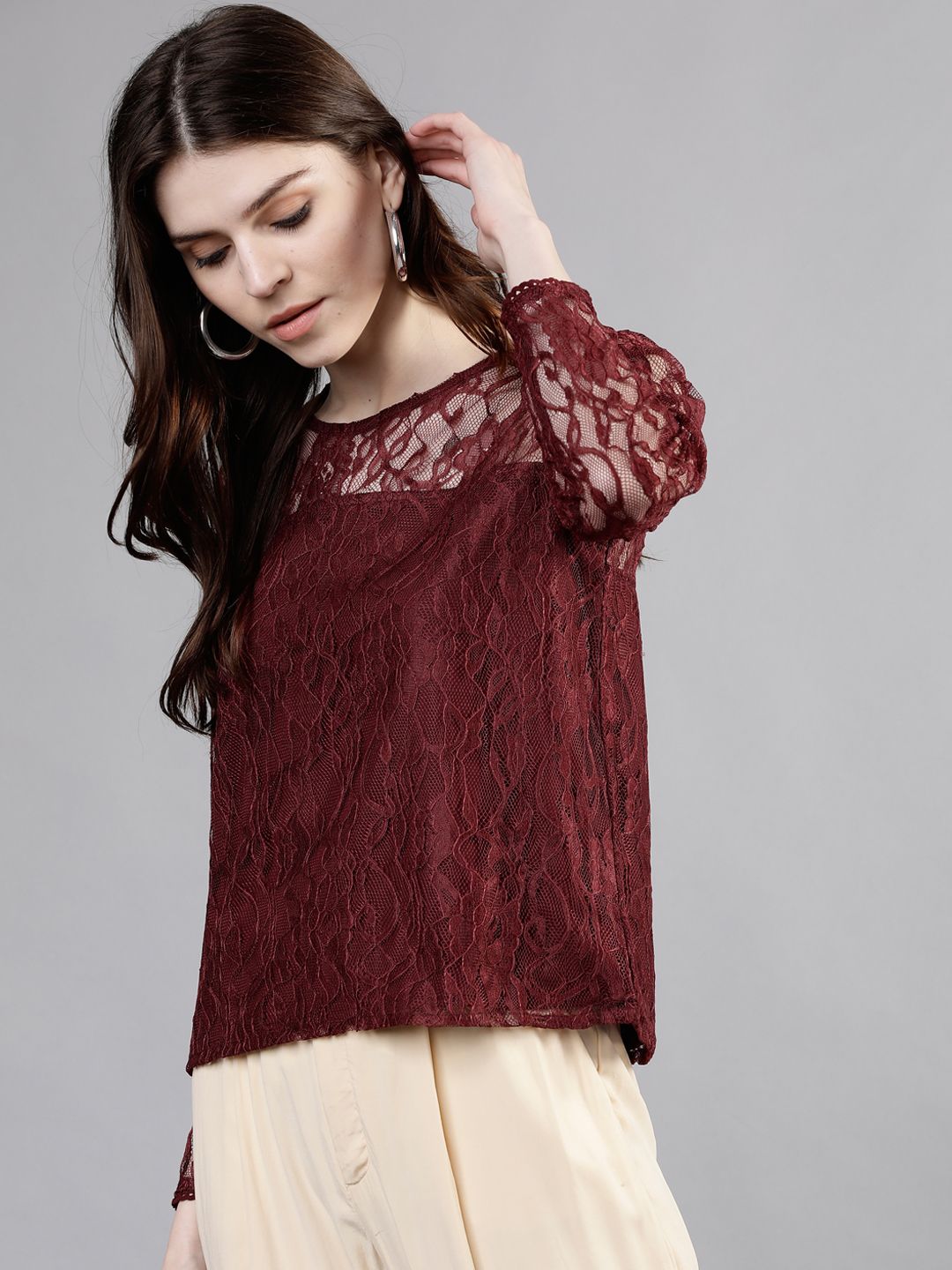 Tokyo Talkies Women Maroon Self Design Top (Image - 2)
