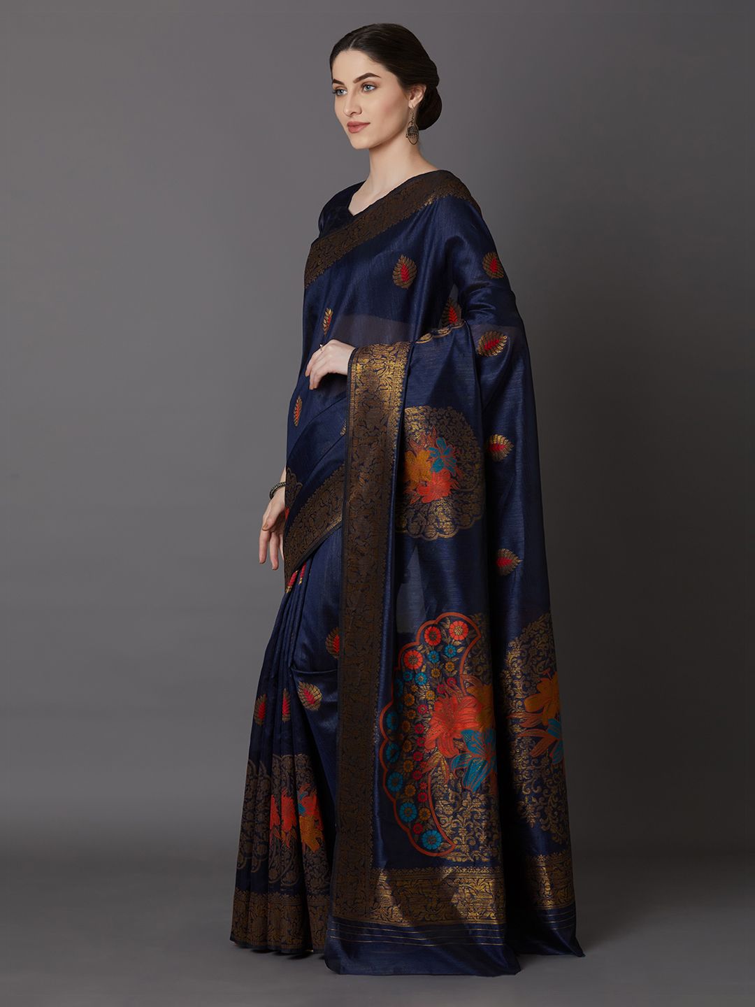 Mitera Navy Blue & Gold-Coloured Silk Blend Woven Design Banarasi Saree (Image - 2)