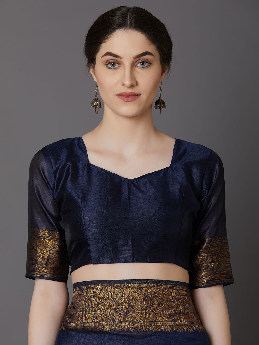 Mitera Navy Blue & Gold-Coloured Silk Blend Woven Design Banarasi Saree (Image - 1)