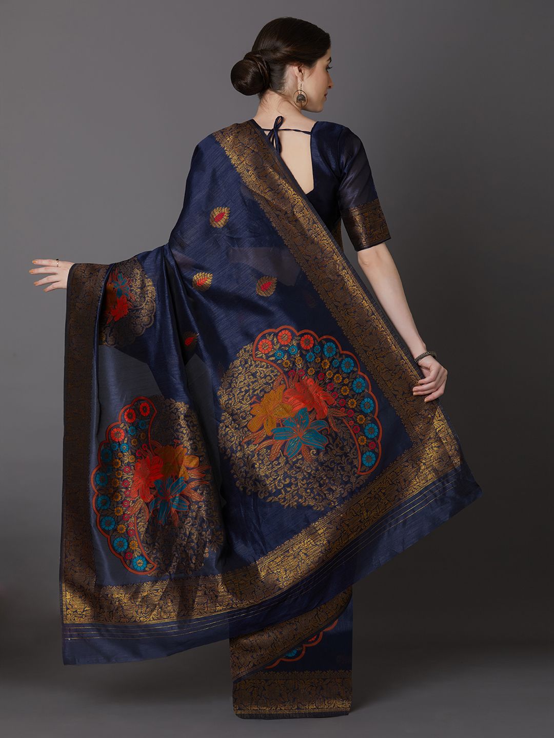 Mitera Navy Blue & Gold-Coloured Silk Blend Woven Design Banarasi Saree (Image - 3)