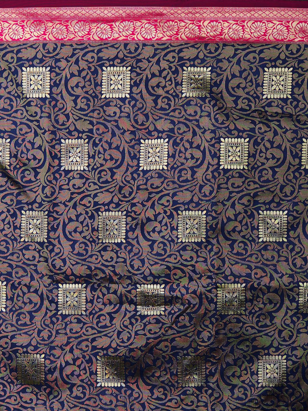 Mitera Blue & Magenta Silk Blend Woven Design Kanjeevaram Saree (Image - 3)