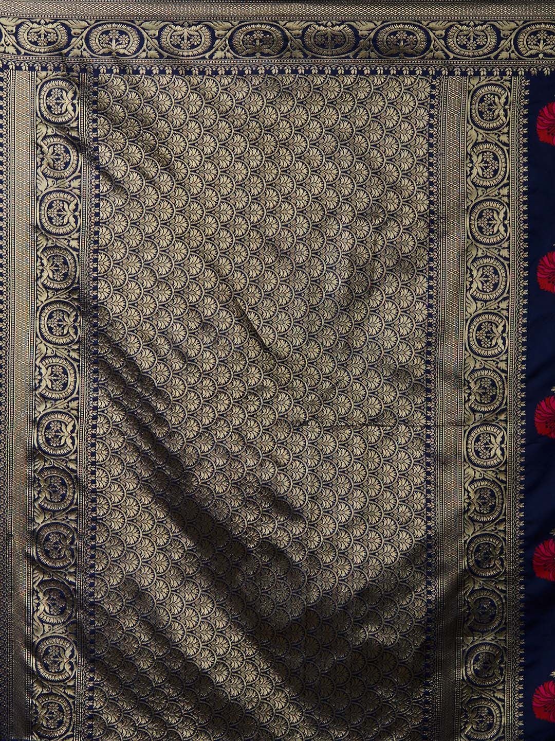 Mitera Blue & Gold-Coloured Silk Blend Woven Design Kanjeevaram Saree (Image - 3)