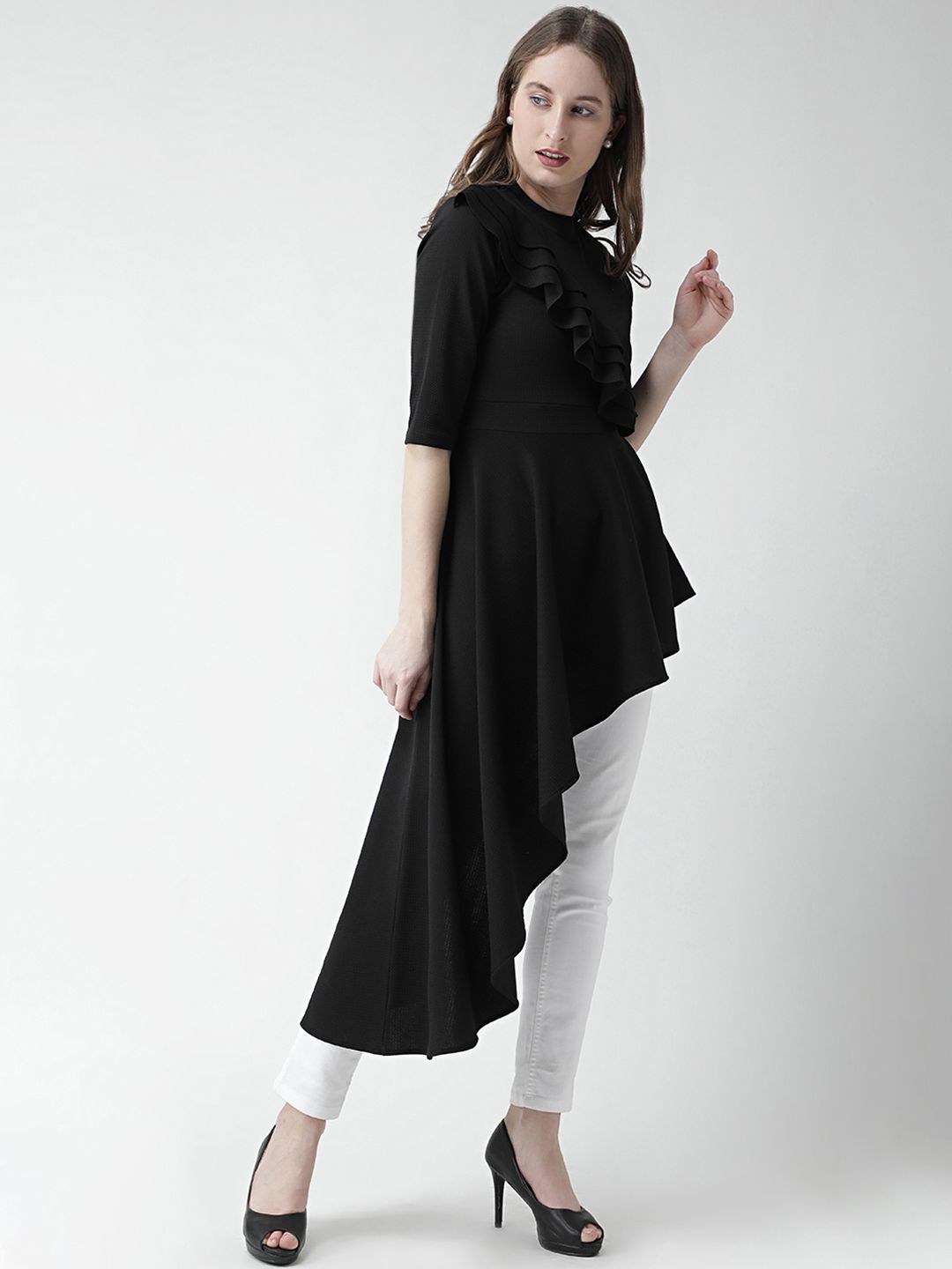KASSUALLY Women Black Solid High-Low Top (Image - 2)