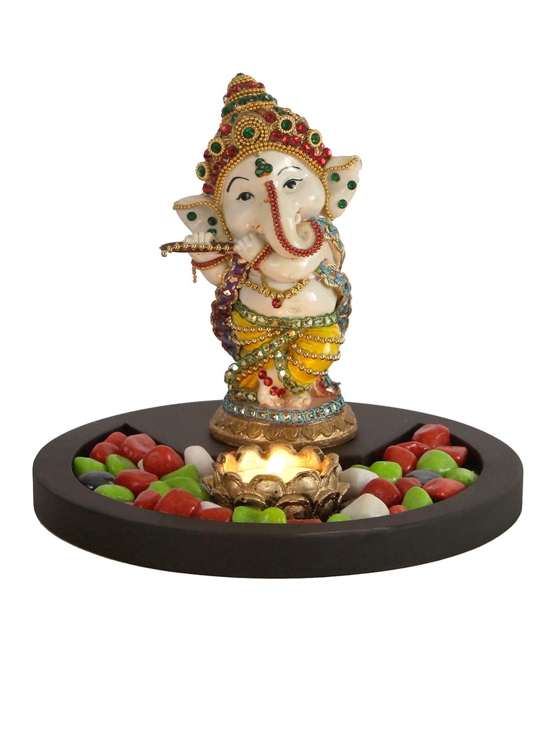 TIED RIBBONS Cream-Coloured & Yellow Ganesh Idol Playing Bansuri Showpiece (Image - 1)