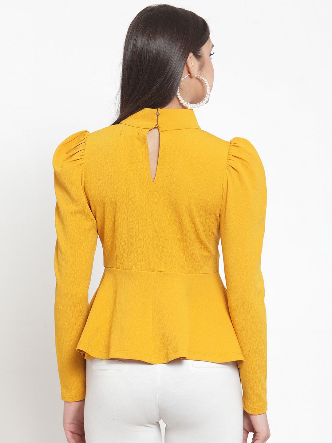 KASSUALLY Women Mustard Yellow Solid Peplum Top (Image - 3)
