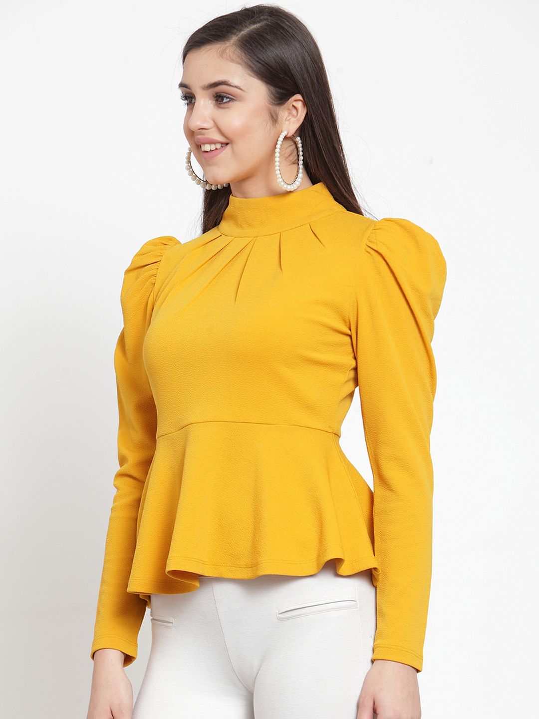 KASSUALLY Women Mustard Yellow Solid Peplum Top (Image - 2)