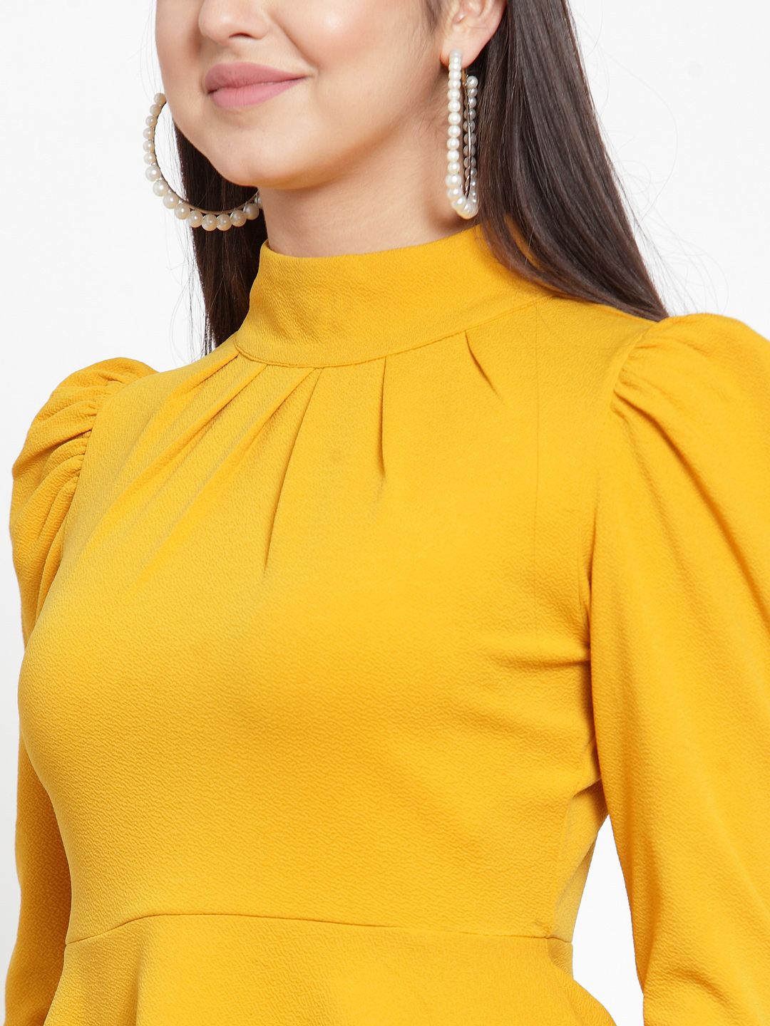 KASSUALLY Women Mustard Yellow Solid Peplum Top (Image - 1)