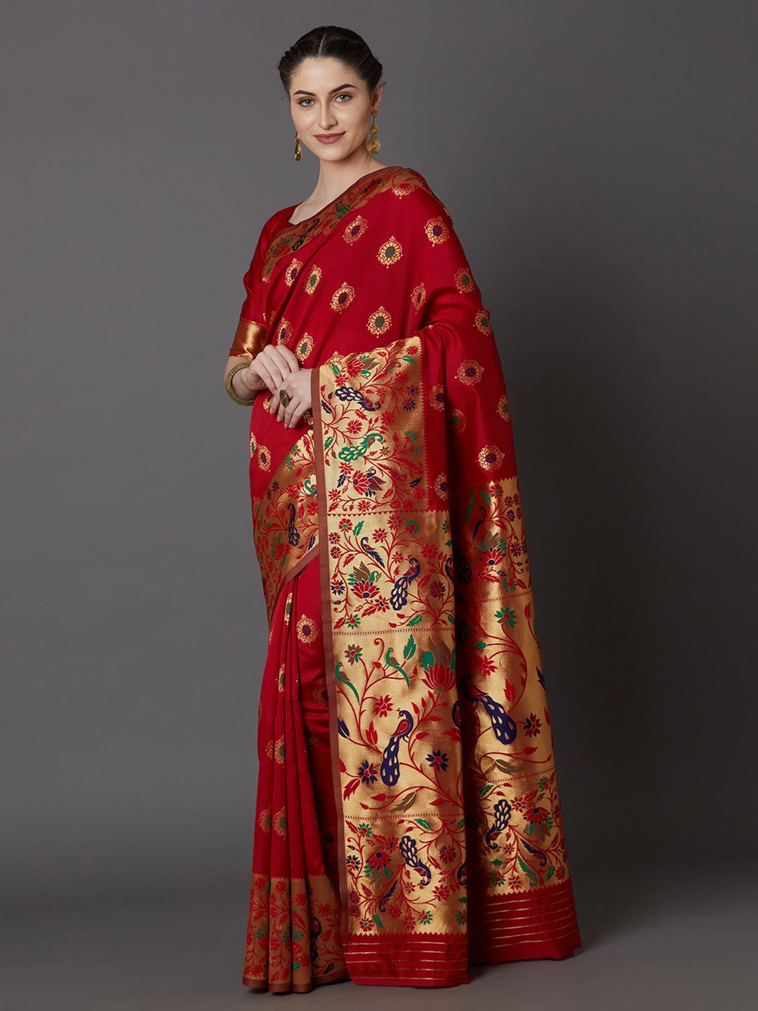 Mitera Red Silk Blend Woven Design Banarasi Saree (Image - 2)