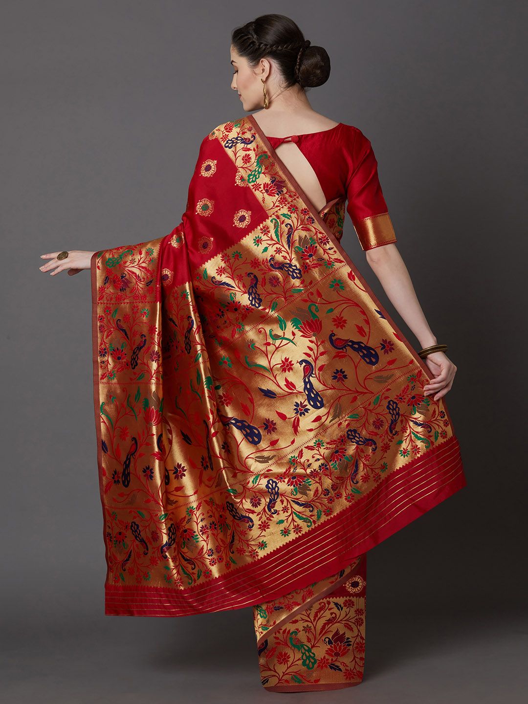 Mitera Red Silk Blend Woven Design Banarasi Saree (Image - 3)