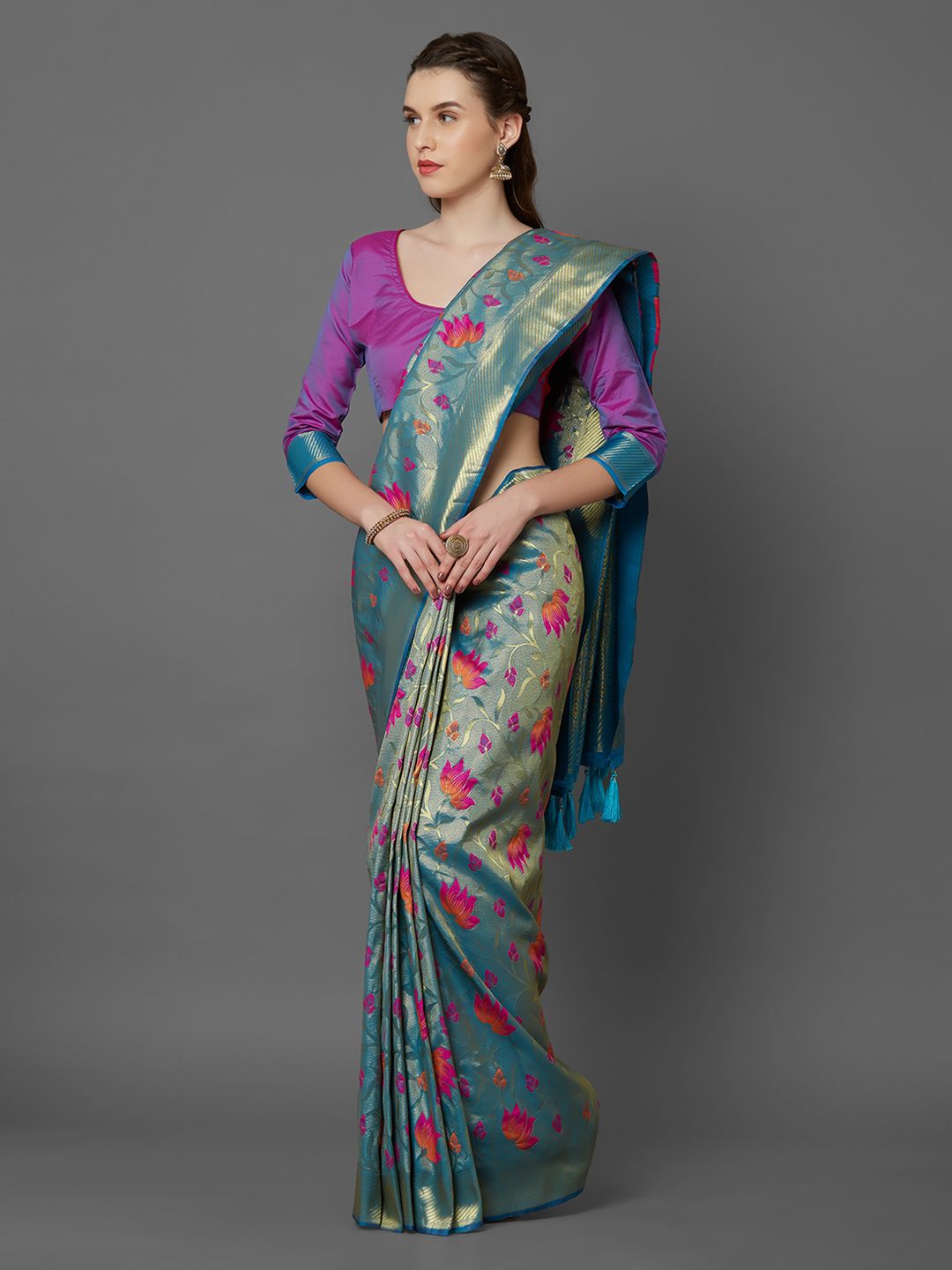 Mitera Turquoise Blue & Purple Silk Blend Woven Design Kanjeevaram Saree (Image - 2)
