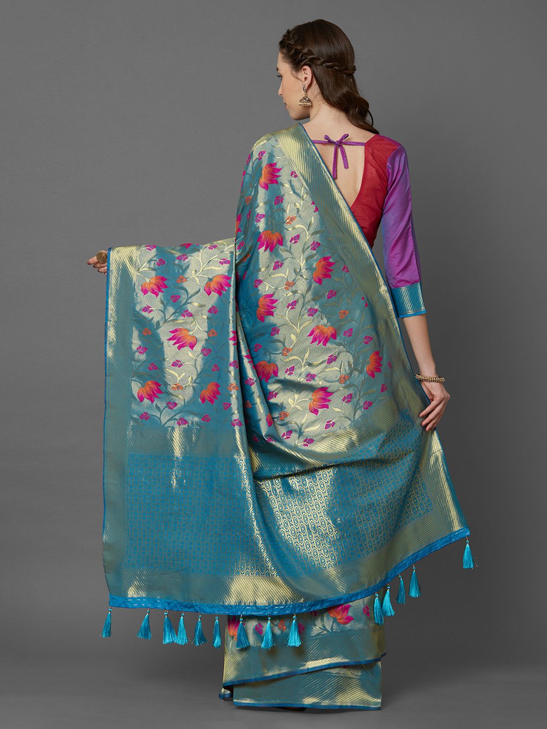 Mitera Turquoise Blue & Purple Silk Blend Woven Design Kanjeevaram Saree (Image - 3)