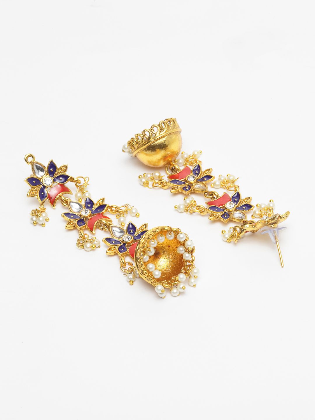 Priyaasi Gold-Plated & Blue Dome Shaped Enamelled Jhumkas (Image - 2)