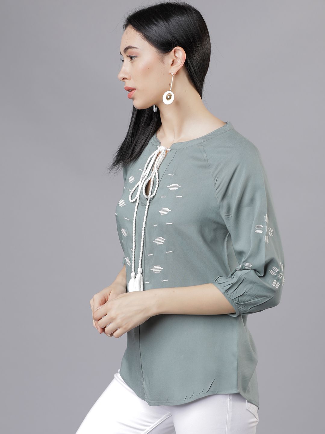 Tokyo Talkies Women Olive Green Printed A-Line Top (Image - 2)