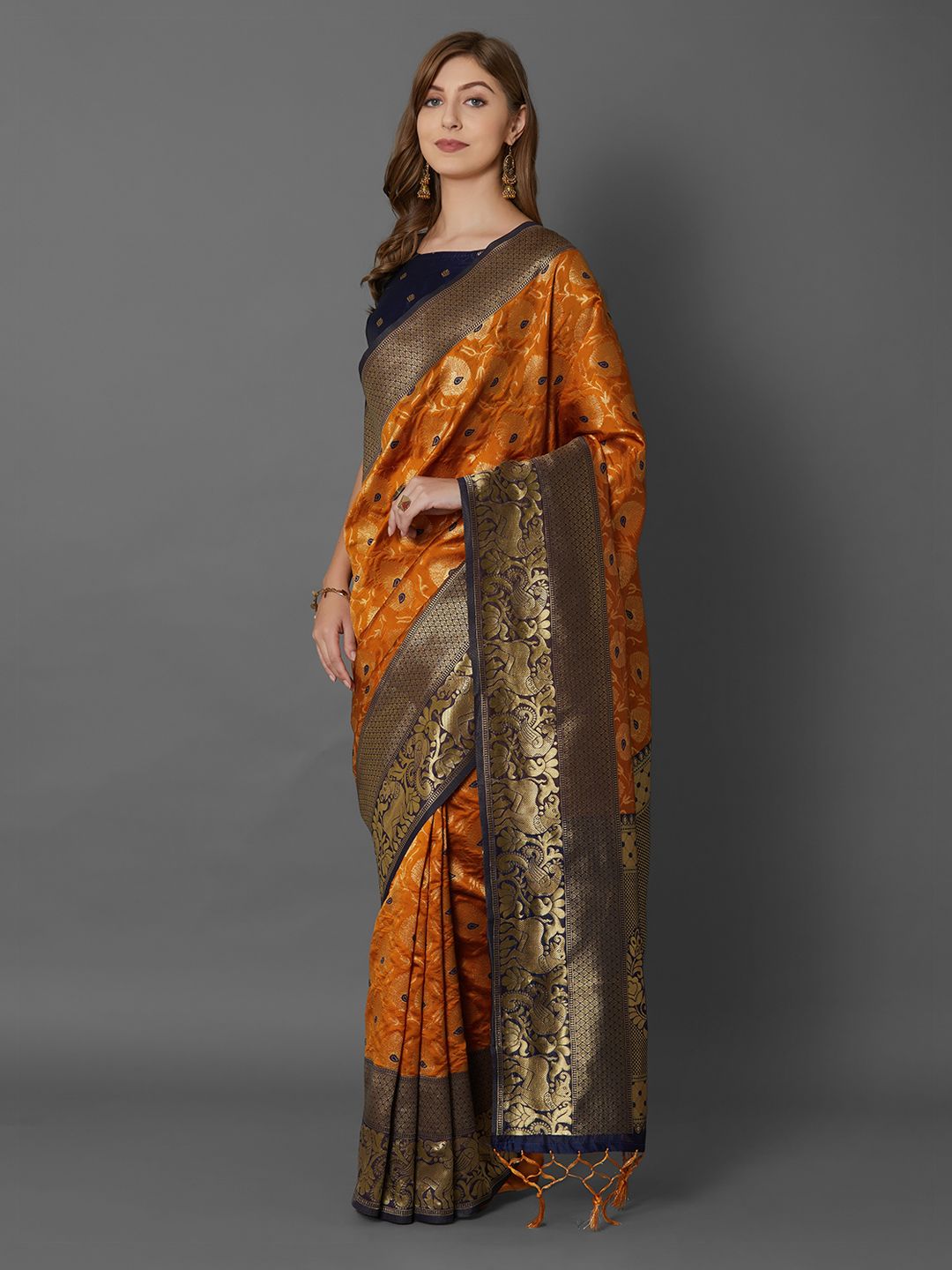 Mitera Mustard Orange Silk Blend Woven Design Banarasi Saree (Image - 2)