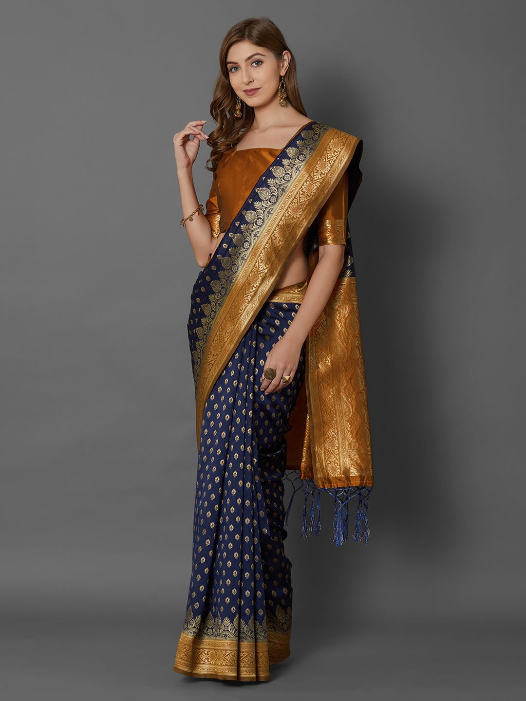 Mitera Navy Blue Silk Blend Woven Design Banarasi Saree (Image - 2)