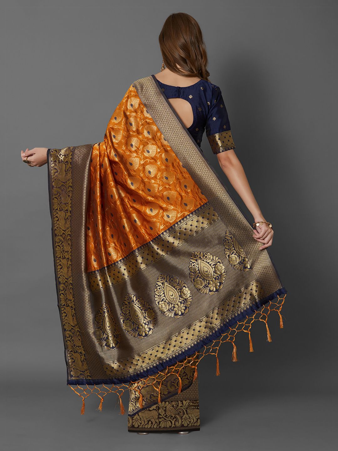 Mitera Mustard Orange Silk Blend Woven Design Banarasi Saree (Image - 3)