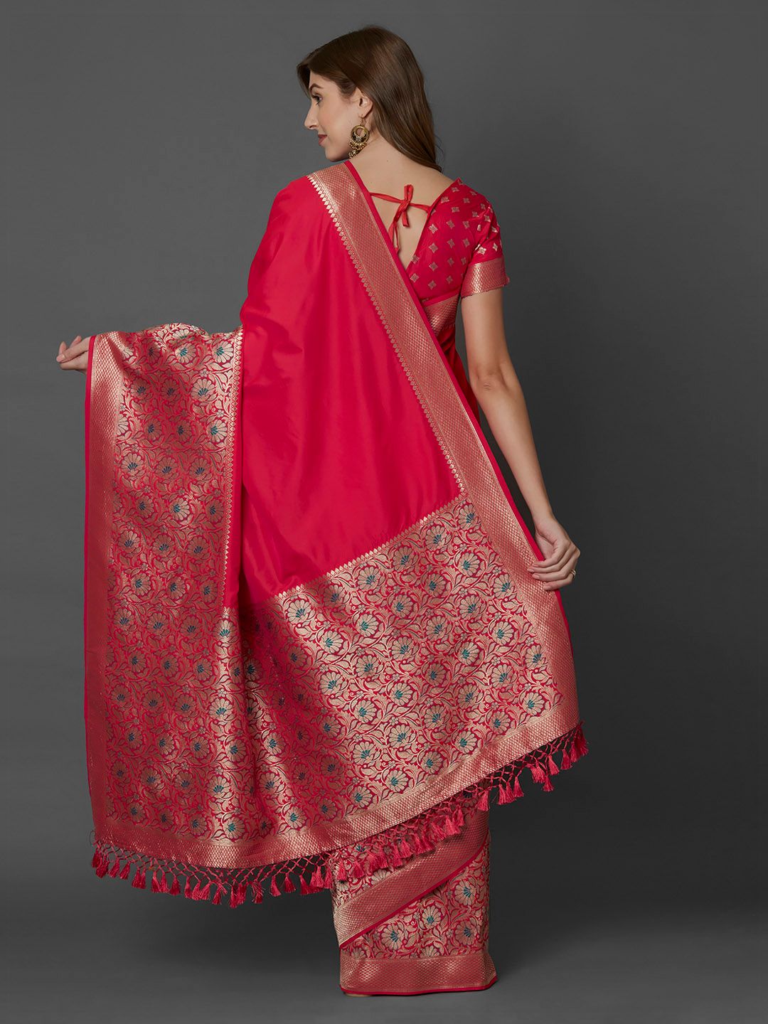 Mitera Pink Silk Blend Woven Design Kanjeevaram Saree (Image - 3)
