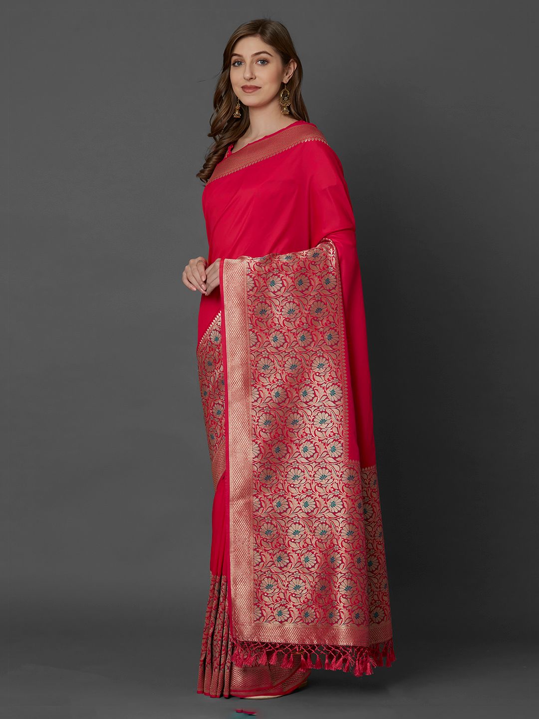 Mitera Pink Silk Blend Woven Design Kanjeevaram Saree (Image - 2)