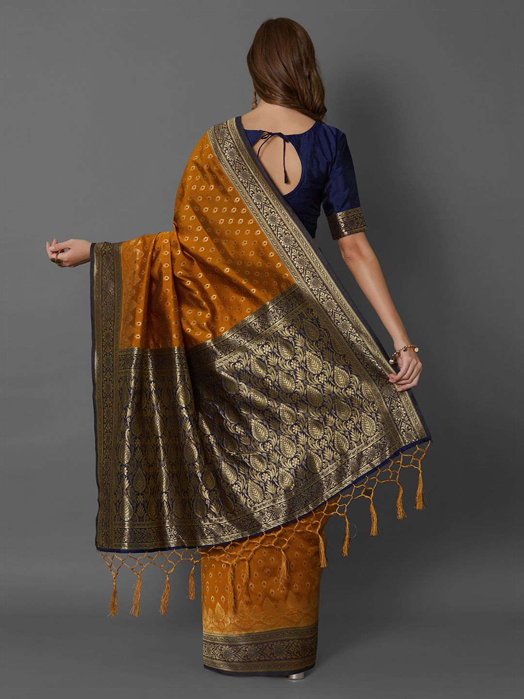 Mitera Mustard Silk Blend Woven Design Banarasi Saree (Image - 3)