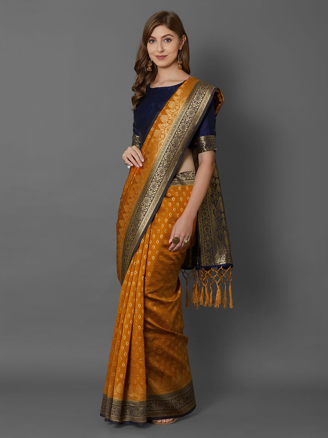 Mitera Mustard Silk Blend Woven Design Banarasi Saree (Image - 2)